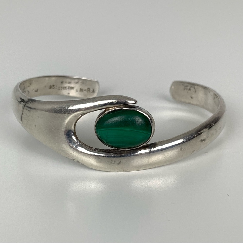 Sterling Silver Bracelet Open Cuff Malachite Taxco Mexico Stamped 925 TB-4 Vtg